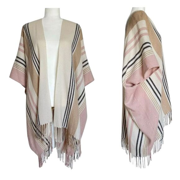 LOFT Pink Cream Neutral Colors Fringe Open Front Poncho One Size - Picture 1 of 11